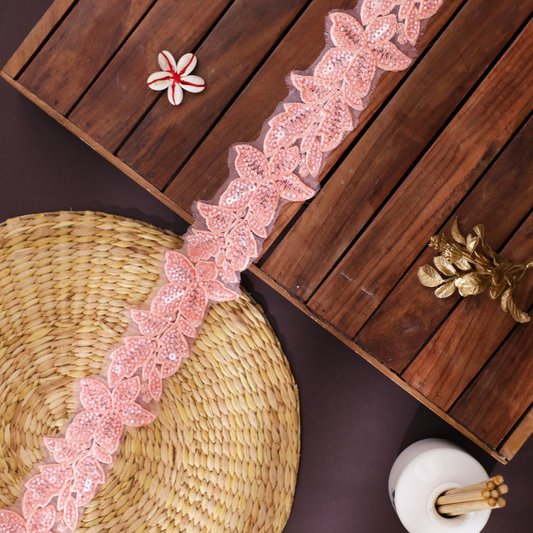 Elegant Peach Embroidery Beaded Lace