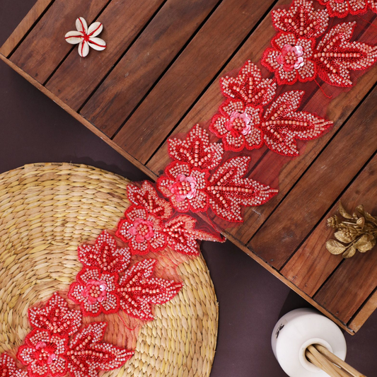 Heavy Work Red Embroidery Lace