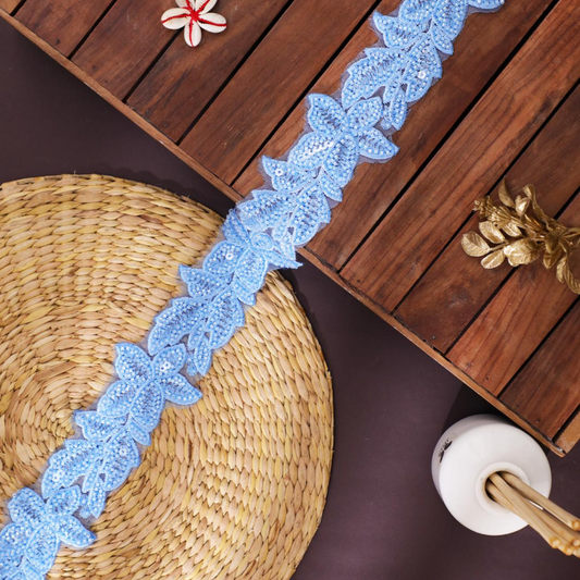 Elegant Pastel Blue Embroidery Beaded Lace